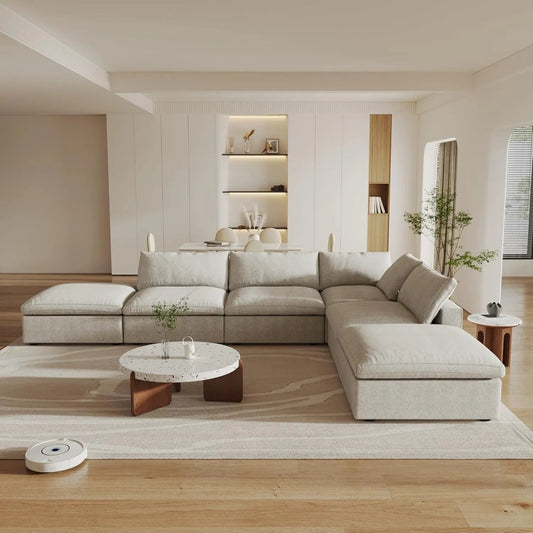 160" Khaki Linen Blend Modular Wood Sofa With Ottoman And Storage
