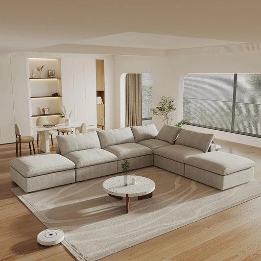 160" Khaki Linen Blend Modular Wood Sofa With Ottoman And Storage