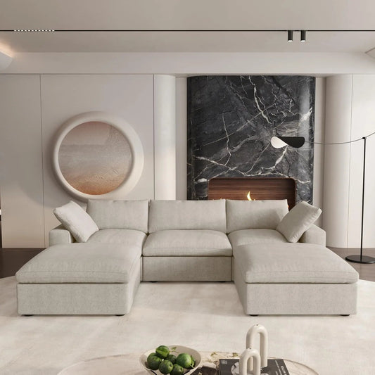 120" Khaki Linen Blend Modular Wood Sofa With Ottoman And Storage
