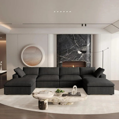 160" Black Linen Blend Modular Wood Sofa With Ottoman And Storage