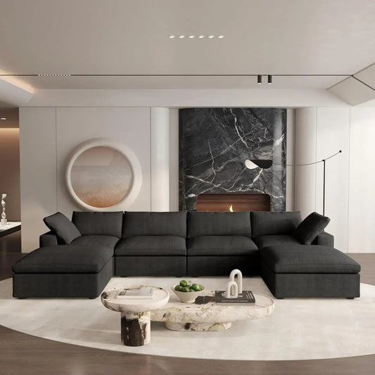 160" Black Linen Blend Modular Wood Sofa With Ottoman And Storage