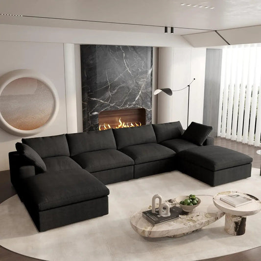 160" Black Linen Blend Modular Wood Sofa With Ottoman And Storage