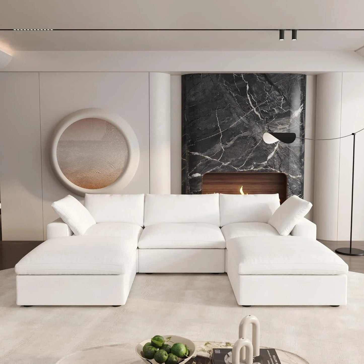120" White Linen Blend Modular Wood Sofa With Ottoman And Storage
