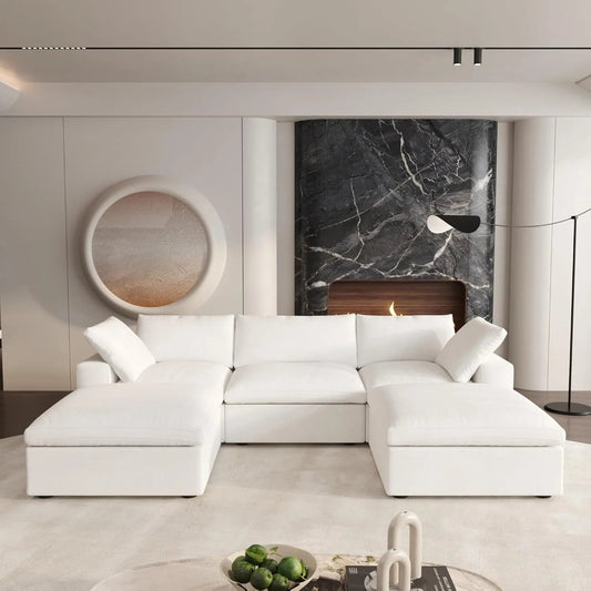 120" White Linen Blend Modular Wood Sofa With Ottoman And Storage