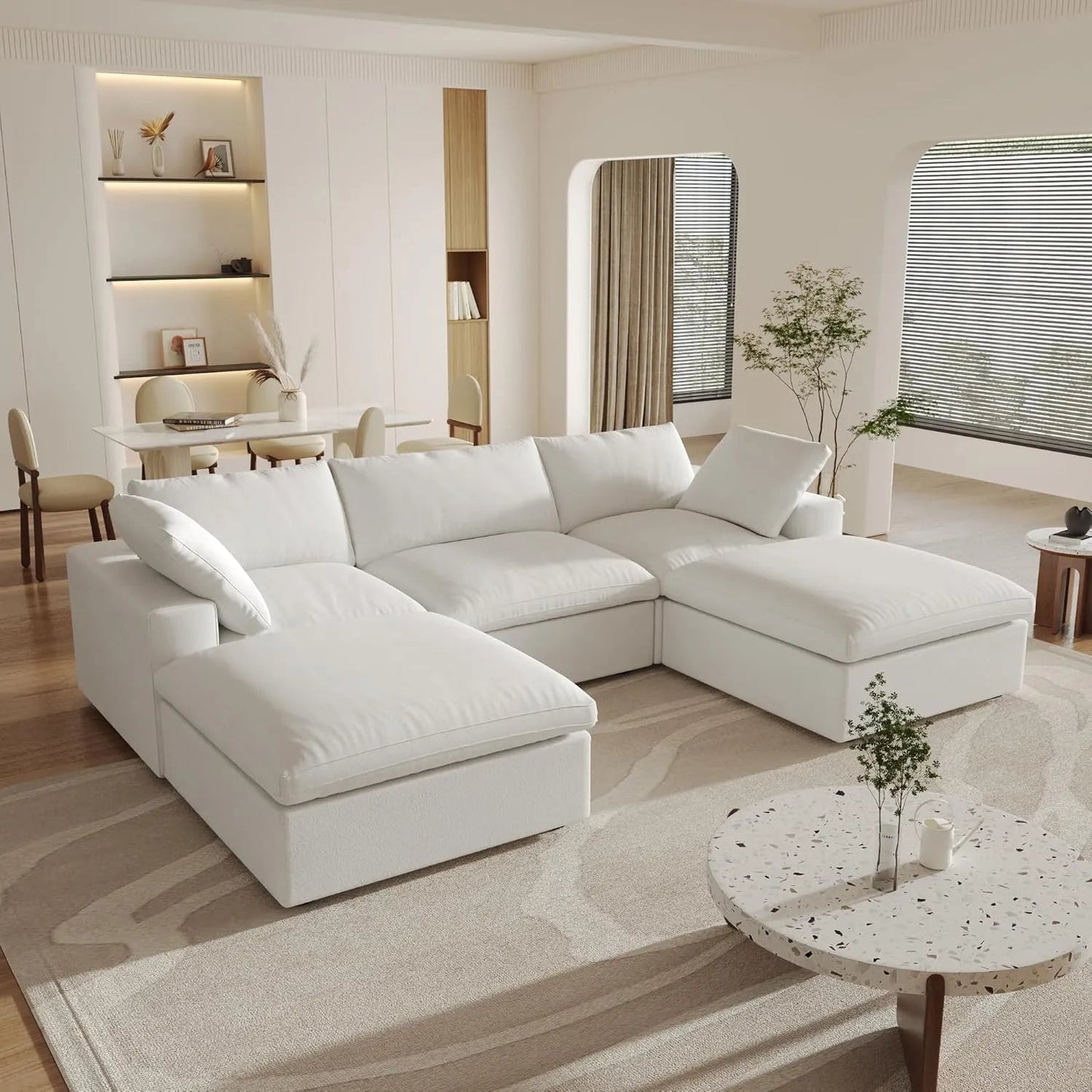 120" White Linen Blend Modular Wood Sofa With Ottoman And Storage