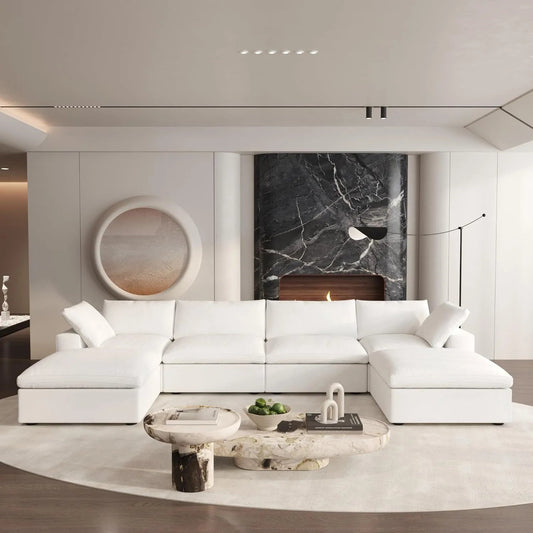 160" White Linen Blend Modular Wood Sofa With Ottoman And Storage