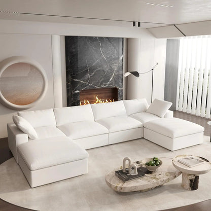 160" White Linen Blend Modular Wood Sofa With Ottoman And Storage