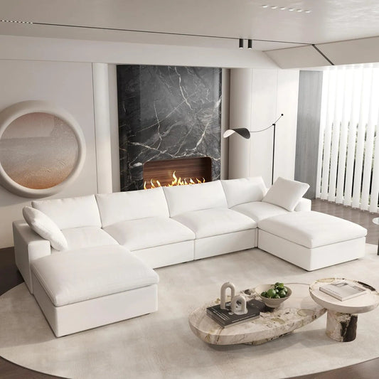 160" White Linen Blend Modular Wood Sofa With Ottoman And Storage