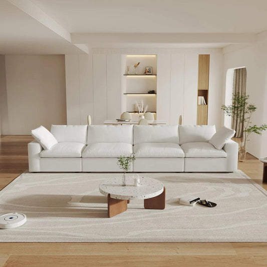 160" White Linen Blend Modular Wood Sofa