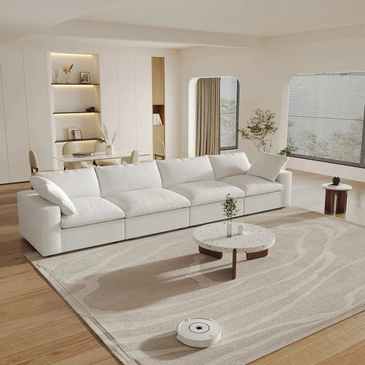 160" White Linen Blend Modular Wood Sofa