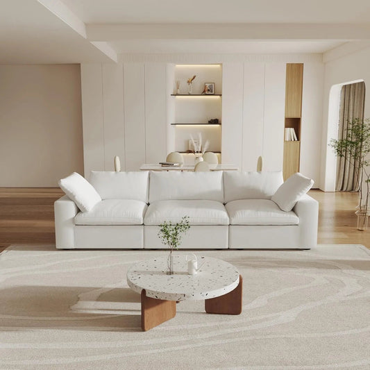 120" White Linen Blend Modular Wood Sofa