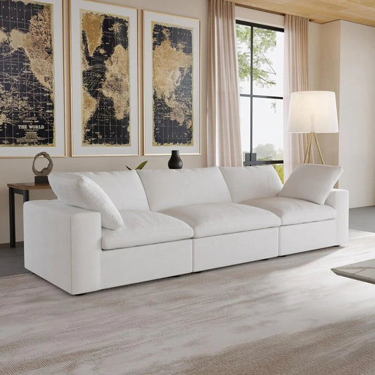 120" White Linen Blend Modular Wood Sofa