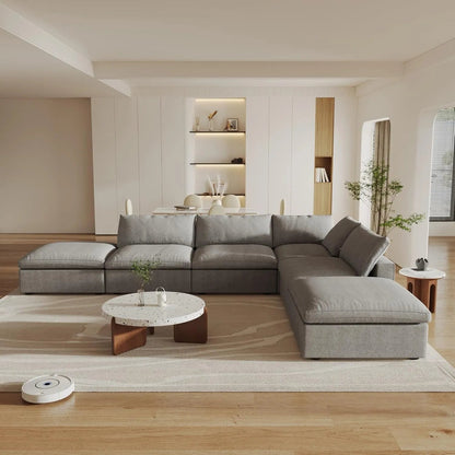 160" Light Gray Linen Blend Modular Wood Sofa With Ottoman And Storage