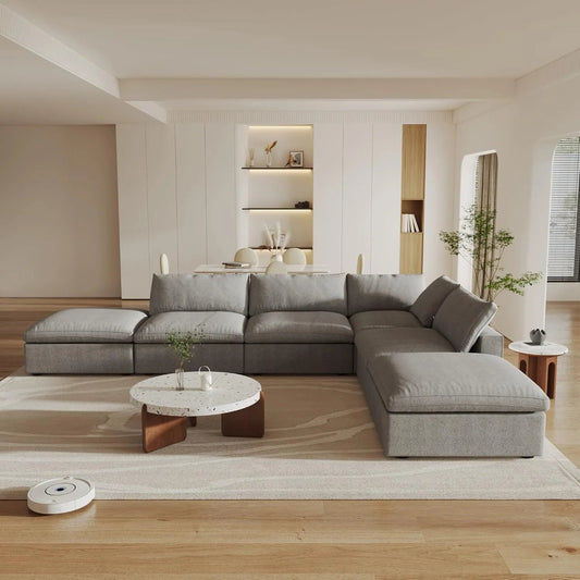 160" Light Gray Linen Blend Modular Wood Sofa With Ottoman And Storage