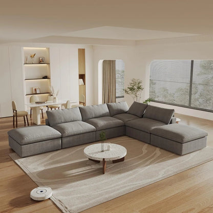 160" Light Gray Linen Blend Modular Wood Sofa With Ottoman And Storage