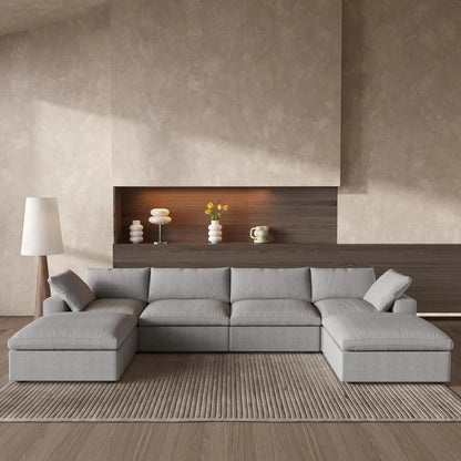 160" Light Gray Linen Blend Modular Wood Sofa With Ottoman And Storage
