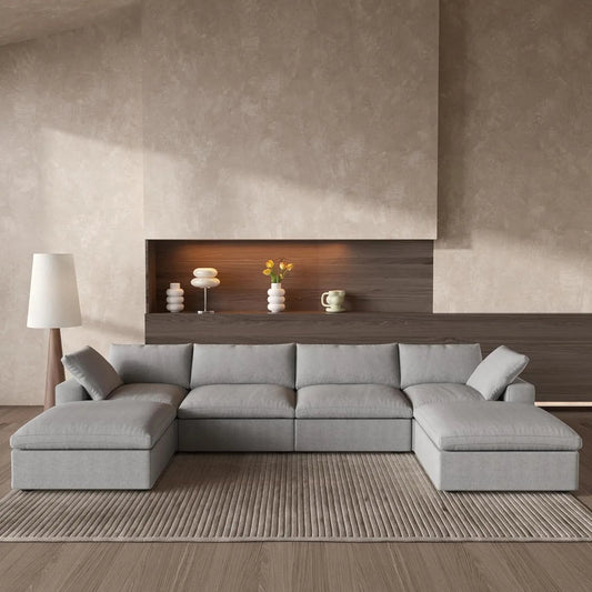 160" Light Gray Linen Blend Modular Wood Sofa With Ottoman And Storage