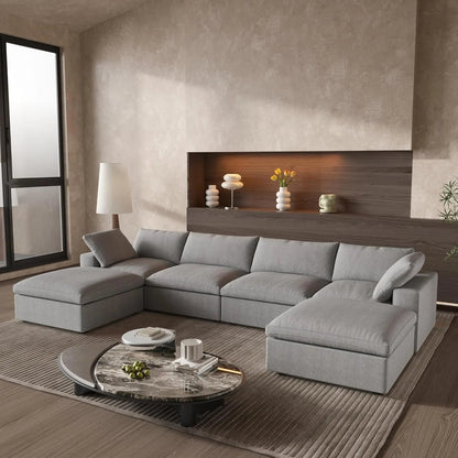 160" Light Gray Linen Blend Modular Wood Sofa With Ottoman And Storage