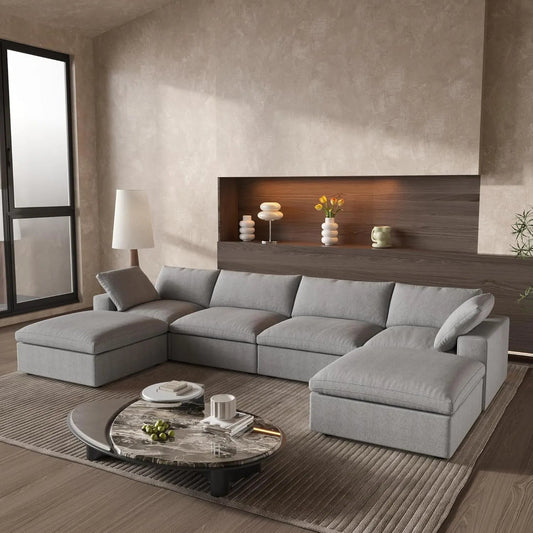 160" Light Gray Linen Blend Modular Wood Sofa With Ottoman And Storage