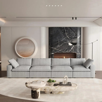 160" Light Gray Linen Blend Modular Wood Sofa