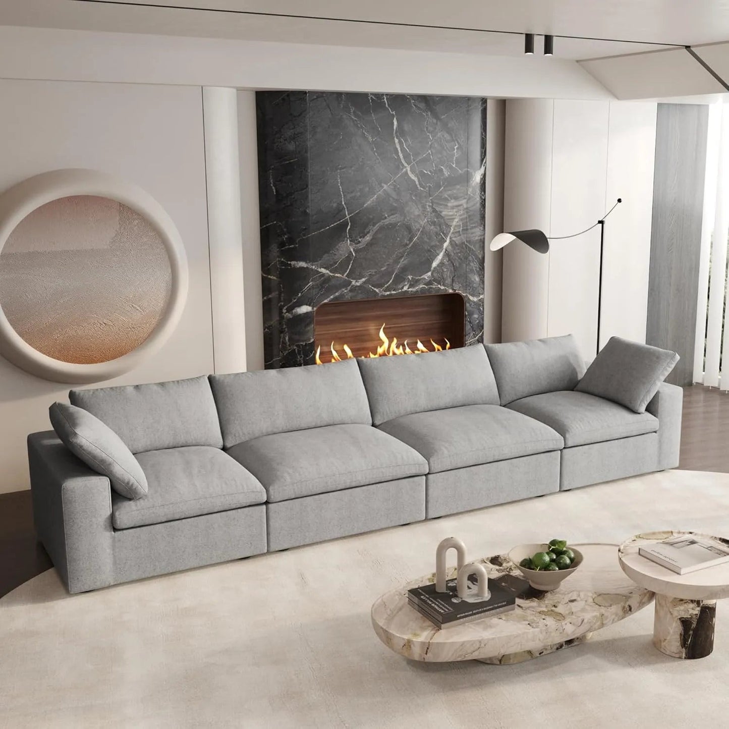 160" Light Gray Linen Blend Modular Wood Sofa