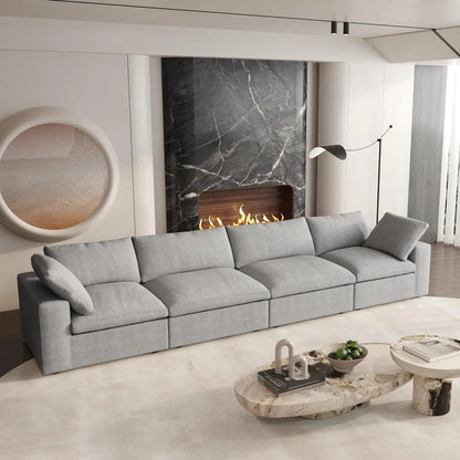 160" Light Gray Linen Blend Modular Wood Sofa