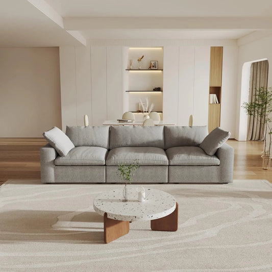 120" Light Gray Linen Blend Modular Wood Sofa