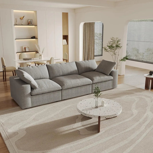 120" Light Gray Linen Blend Modular Wood Sofa