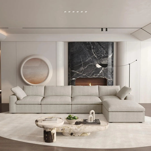 120" Khaki Linen Blend Modular Wood Sofa With Ottoman And Storage