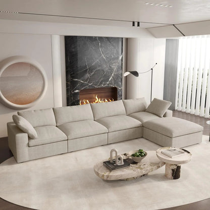120" Khaki Linen Blend Modular Wood Sofa With Ottoman And Storage