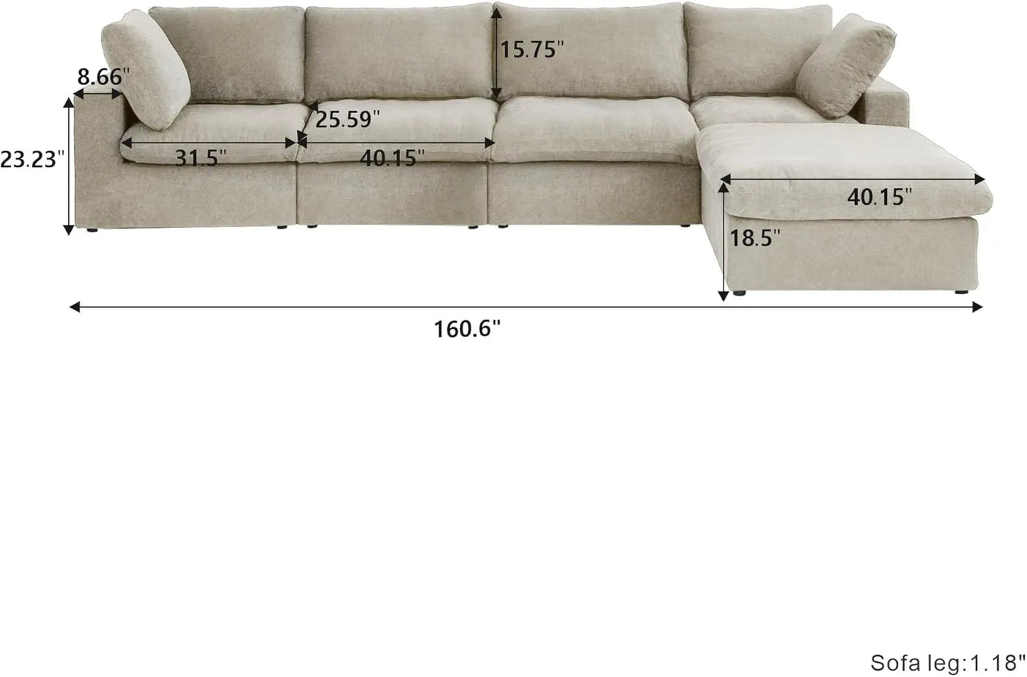120" Khaki Linen Blend Modular Wood Sofa With Ottoman And Storage
