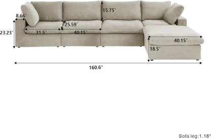 120" Khaki Linen Blend Modular Wood Sofa With Ottoman And Storage