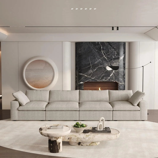 160" Khaki Linen Blend Modular Wood Sofa