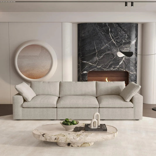 120" Khaki Linen Blend Modular Wood Sofa