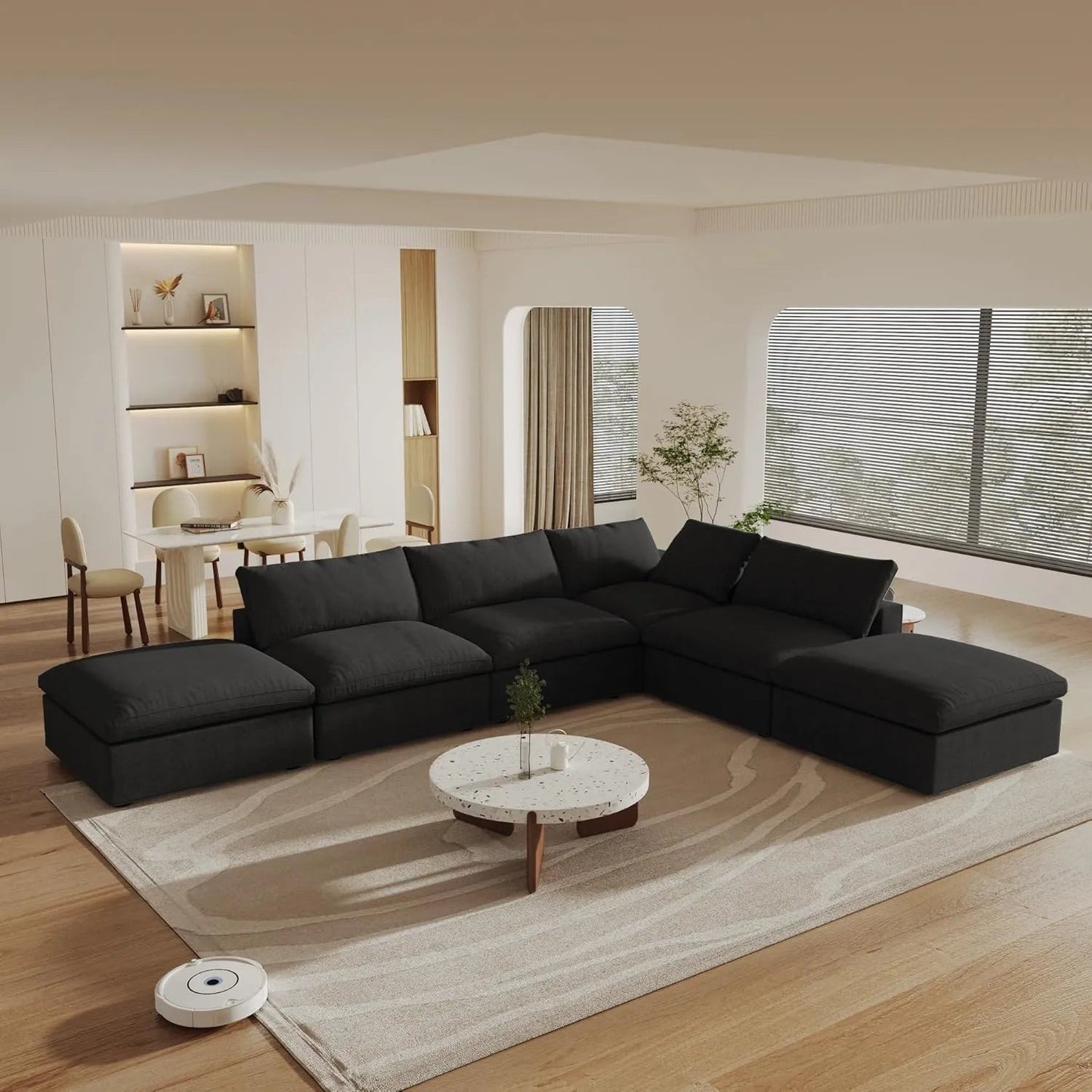 160" Black Linen Blend Modular Wood Sofa With Ottoman And Storage