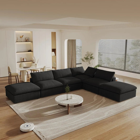 160" Black Linen Blend Modular Wood Sofa With Ottoman And Storage