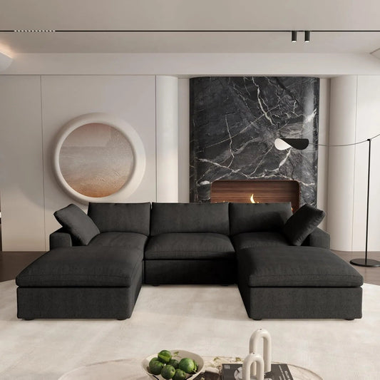 120" Black Linen Blend Modular Wood Sofa With Ottoman And Storage