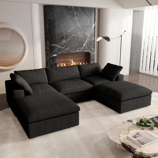 120" Black Linen Blend Modular Wood Sofa With Ottoman And Storage