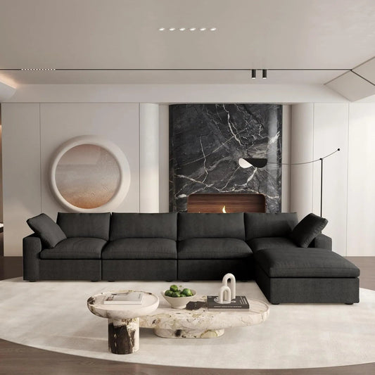 160" Black Linen Blend Modular Wood Sofa With Ottoman And Storage