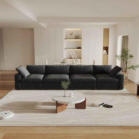 160" Black Linen Blend Modular Wood Sofa