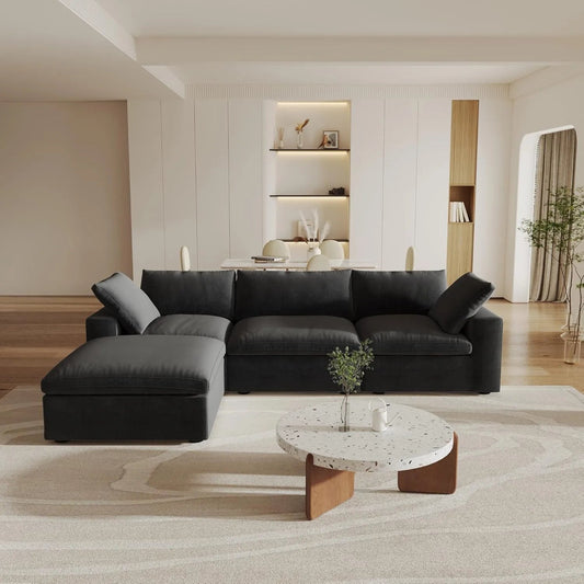 120" Black Linen Blend Modular Wood Sofa With Ottoman And Storage