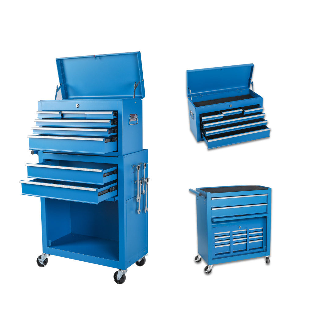 Set of Two Blue Multi-Tier Steel Rolling Cabinet With Lid