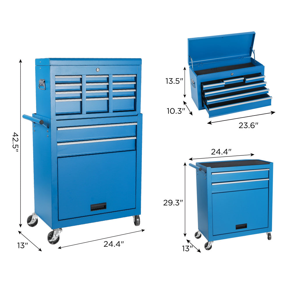 Set of Two Blue Multi-Tier Steel Rolling Cabinet With Lid