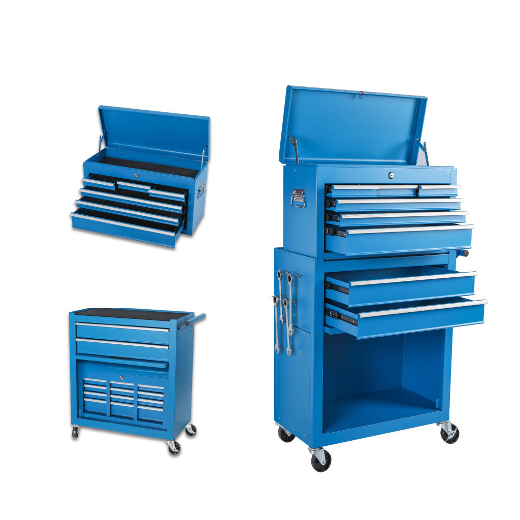 Set of Two Blue Multi-Tier Steel Rolling Cabinet With Lid