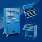 Set of Two Blue Multi-Tier Steel Rolling Cabinet With Lid