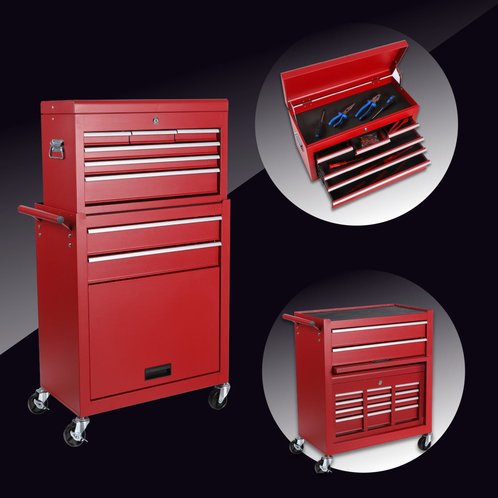 Set of Two Red Multi-Tier Steel Rolling Cabinet With Lid