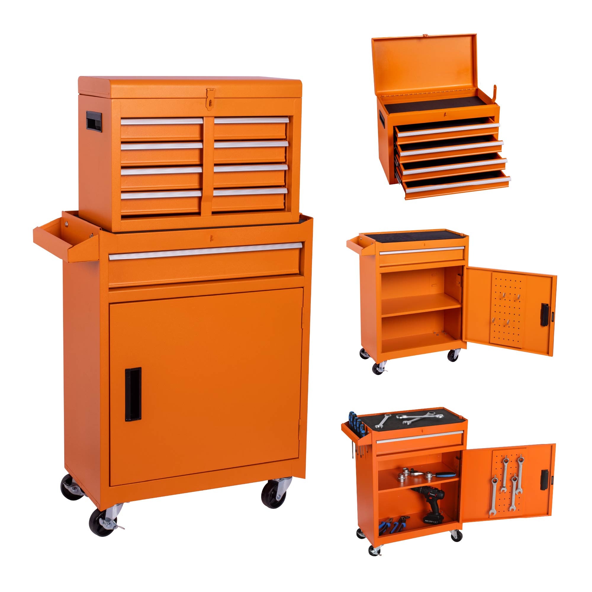 Set of Two Orange Multi-Tier Steel Rolling Cabinet With Lid