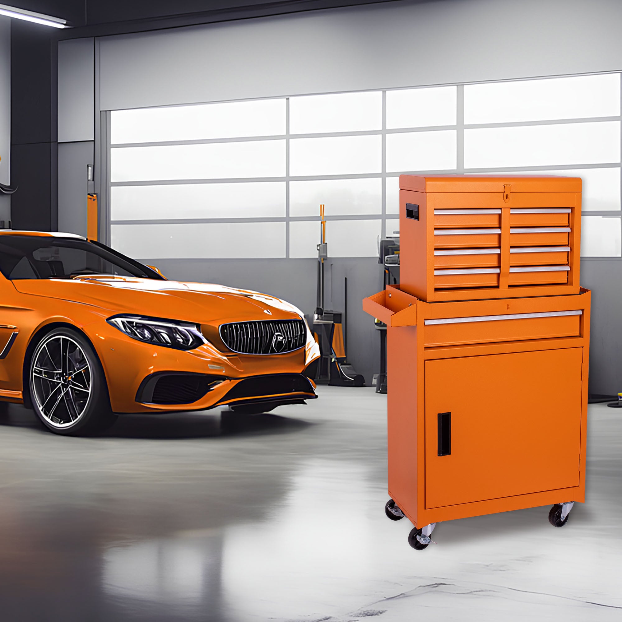 Set of Two Orange Multi-Tier Steel Rolling Cabinet With Lid