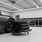 Set of Two Black Multi-Tier Steel Rolling Cabinet With Lid