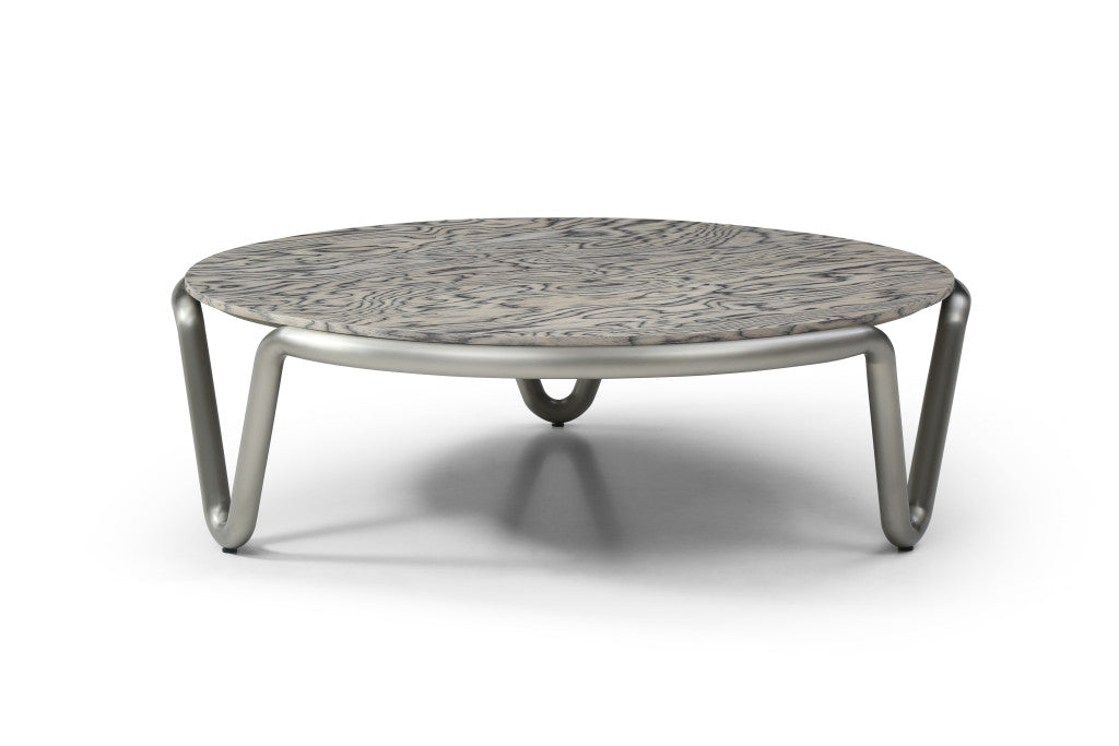 55" Gray and Silver Wood and Stainless Steel Round Coffee Table